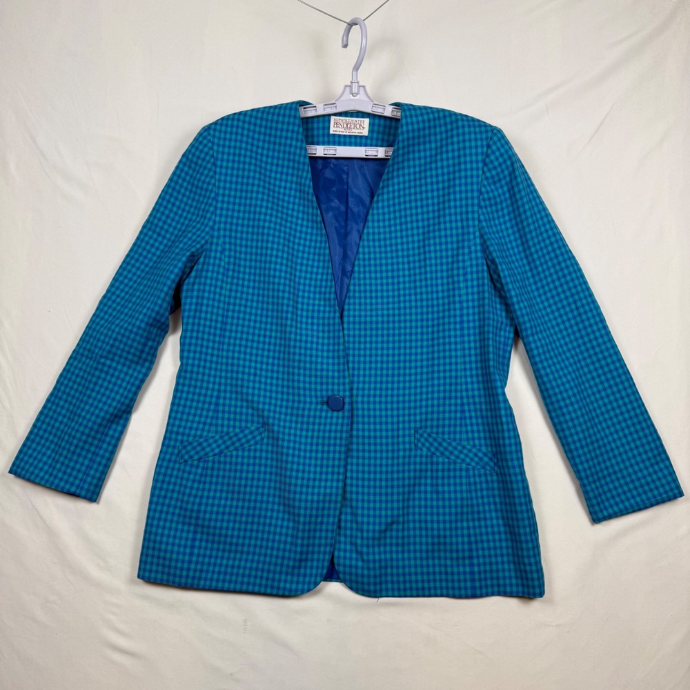 Sophisticates by Pendleton Petite Teal Blue Gingham Wool Blazer Made in USA